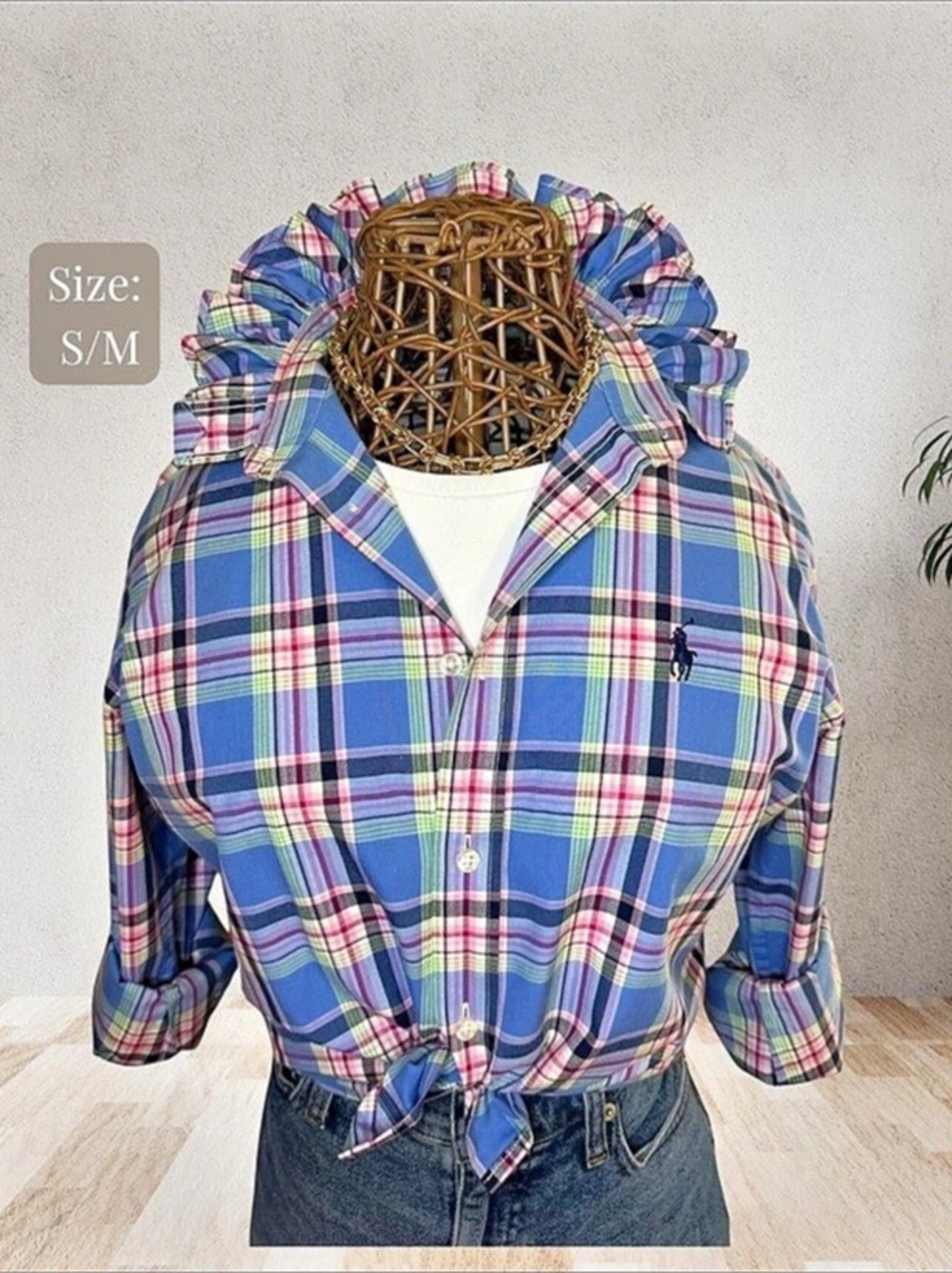 Ralph Lauren Ruffle Collar Button-Down Shirt Plaid Ruffle Collar Size S/M